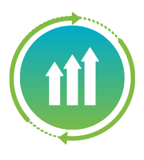 Blue and green graphic with arrows going up demonstrating environmental health and safety continuous improvement.