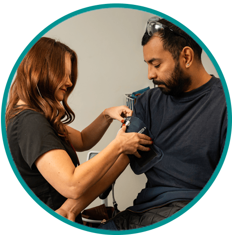 Employee health check at a lead battery recycling and manufacturing facility. Employee health check at a lead battery recycling and manufacturing facility.