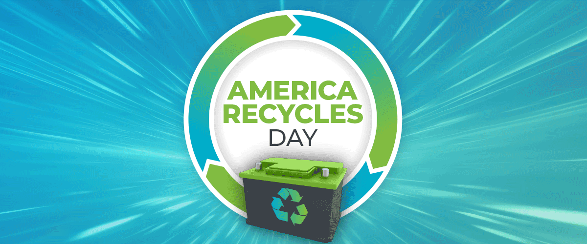Teal background with circular economy example of rotating circle and a lead battery for America Recycles Day.