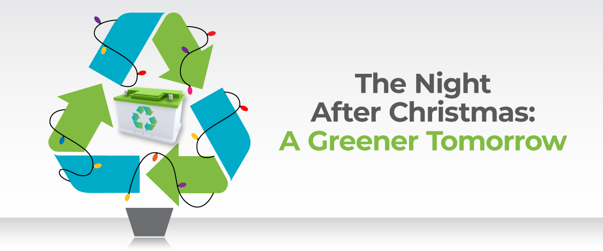 Christmas tree made out of a recycling symbol with a lead battery inside and the text, The Night After Christmas: A Greener Tomorrow