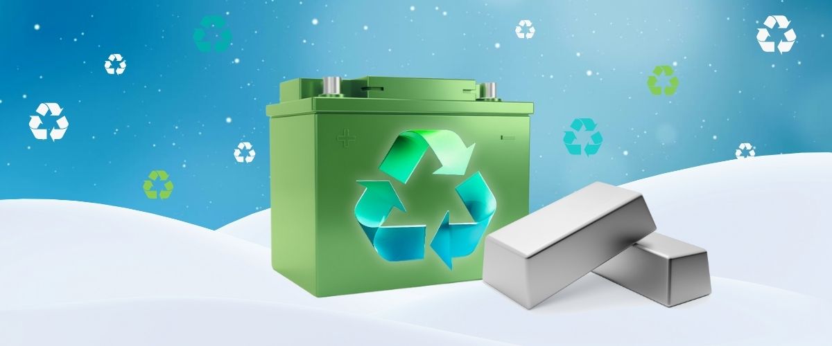 Illustration of a recyclable lead battery and recycled lead ingots from lead battery recyclers.