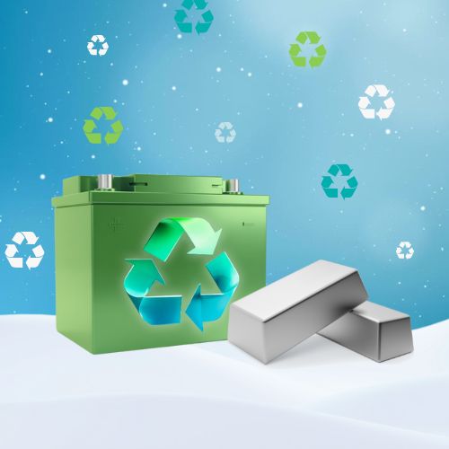 Illustration of a winter scene with a recyclable lead battery and recycled lead ingots from lead battery recyclers.