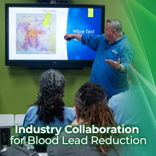 Employees at a lead battery recycling facility training on safety protocols designed to reduce lead exposure.