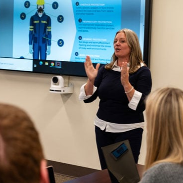 Lead battery recycling employee safety training class.