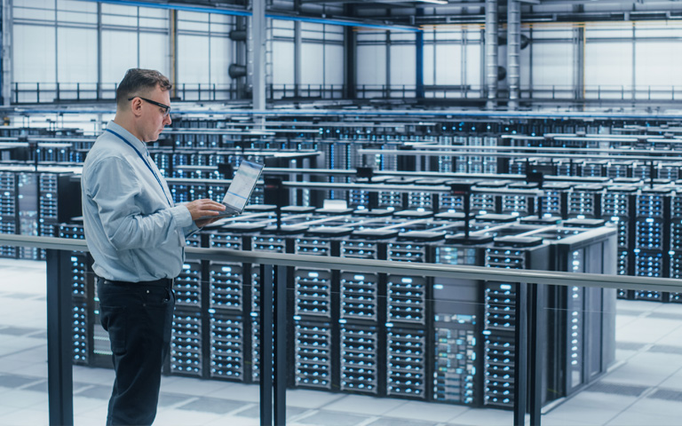 Data center equipment backed up by lead batteries.