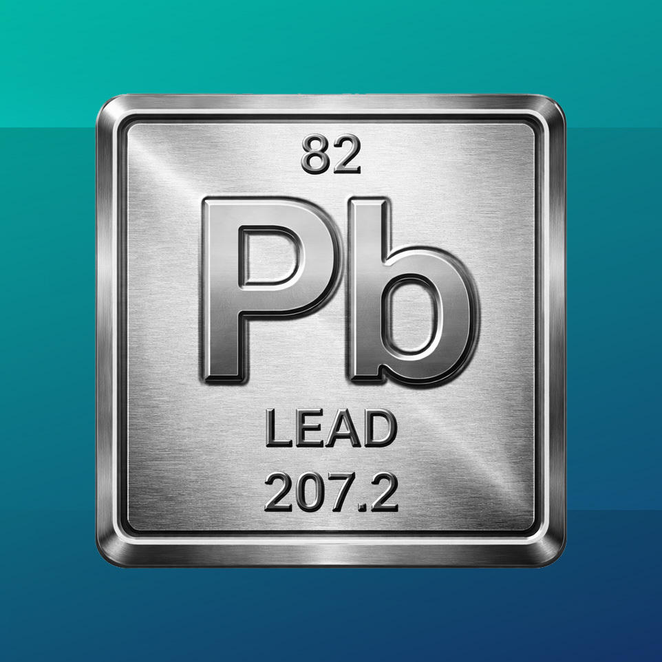 Metallic periodic table symbol for lead (Pb), infinitely recyclable. Metallic periodic table symbol for lead (Pb), representing element 82, against a blue gradient background.