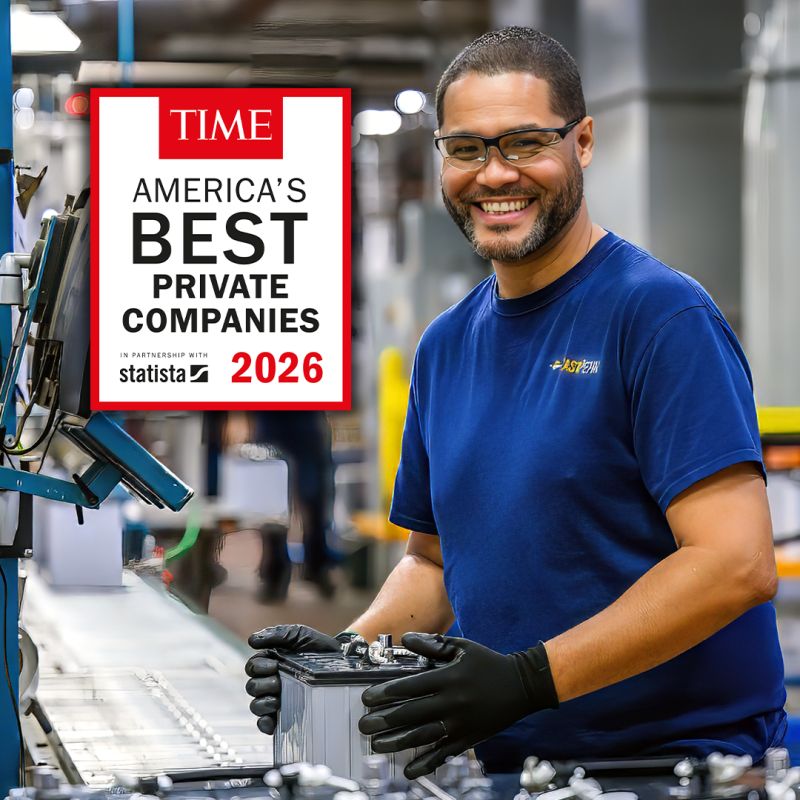 East Penn Manufacturing employee at a battery manufacturing facility with the TIME America's Best Private Companies 2026 award graphic recognizing East Penn's leadership in battery manufacturing, recycling, and American manufacturing.
